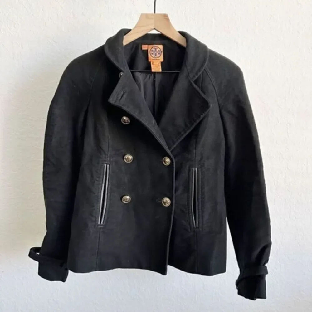 Tory Burch Double Breasted Buckle Accent Leather‎ Trim Military Jacket Black 2